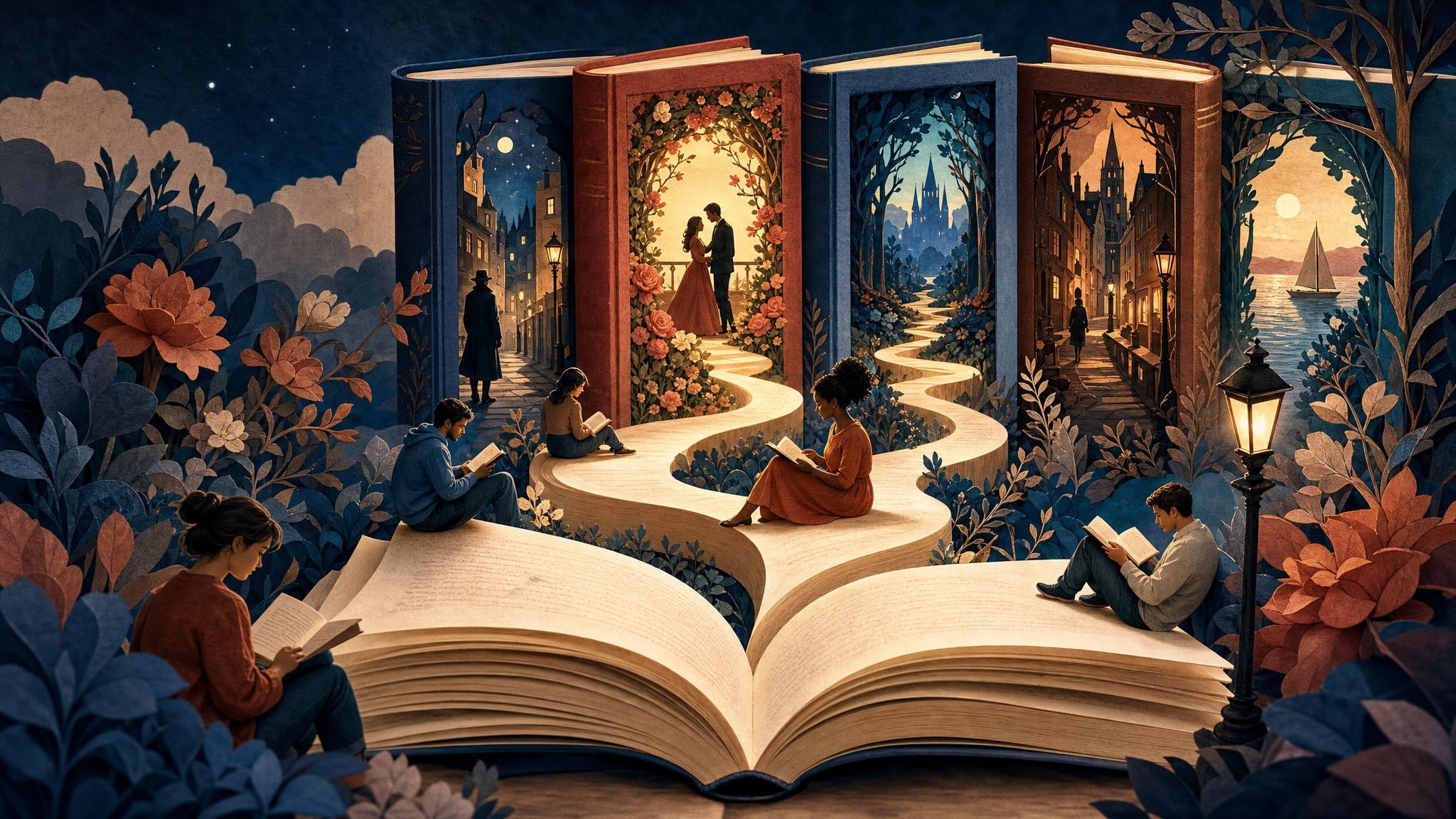An open book becomes a golden path leading readers into new worlds of stories.