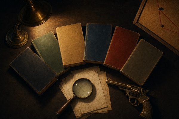 Six paperbacks fanned out on a detective's desk under lamplight, the most downloaded free mysteries on Obooko