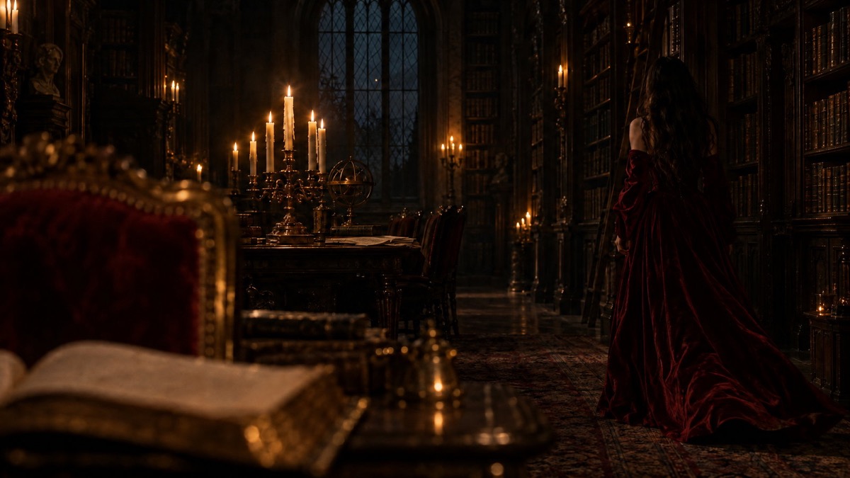 A candlelit gothic library, a heroine in red velvet walking into the stacks