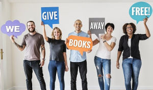 A group of happy authors holding up cards saying We Give Away Books Free!