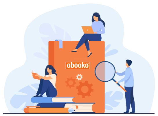 Illustration of people reading information books on digital devices