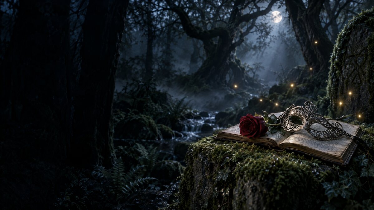 An open book, a red rose and a silver mask on a mossy stone in a moonlit forest