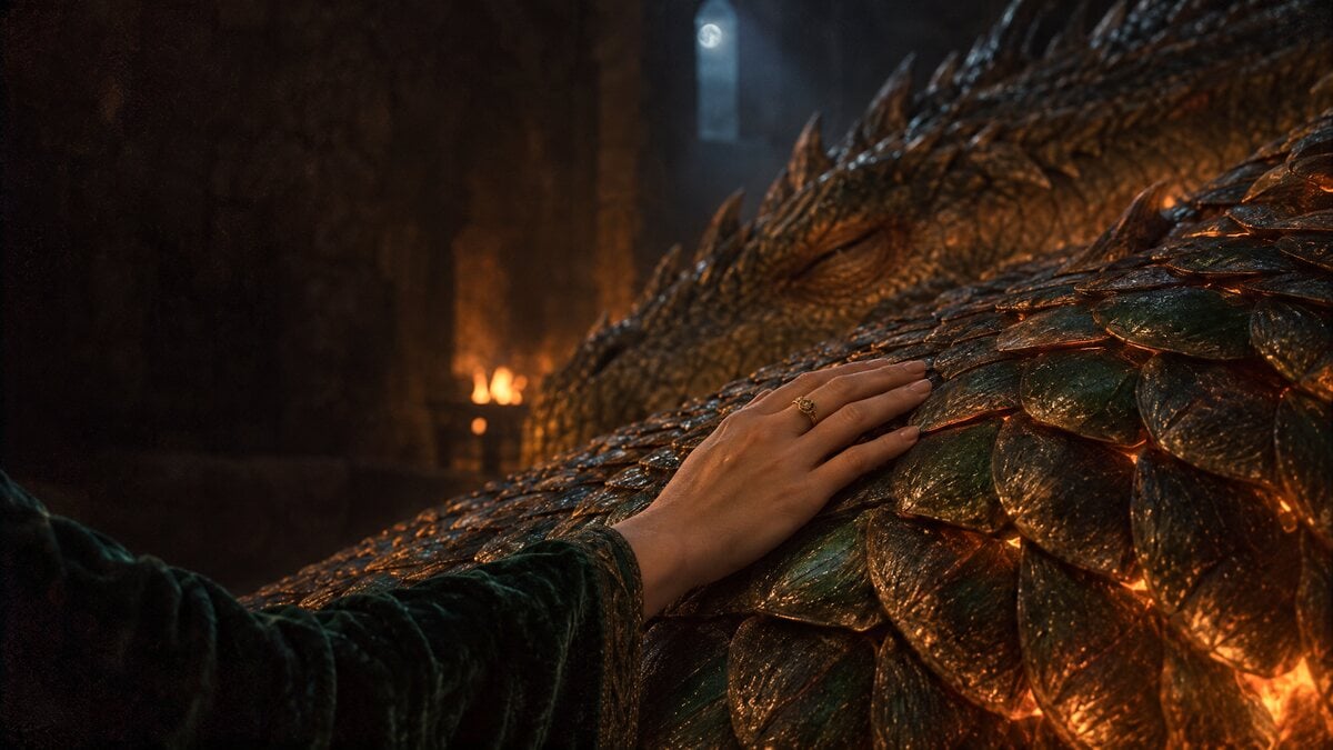 A hand resting on a sleeping dragon's scales in firelight