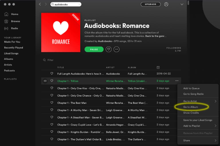 Spotify free audiobooks example page