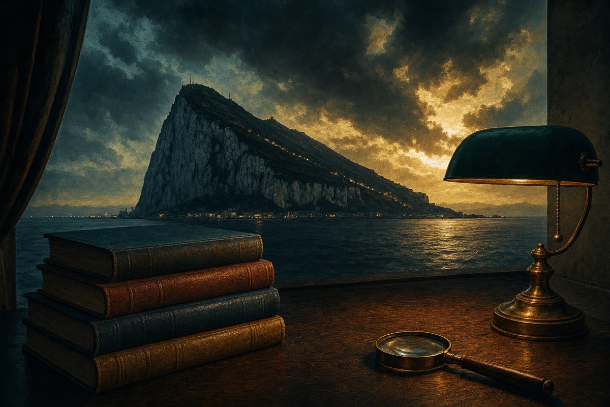 The Rock of Gibraltar at dusk across dark water, with a stack of four hardback books, a brass lamp and a magnifying glass on a reading desk