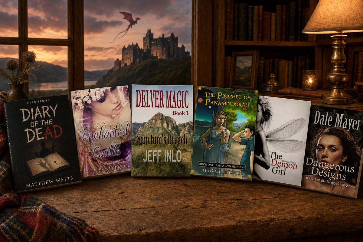 The six featured teen and fantasy book covers on a wooden desk, castle and dragon through the window at dusk